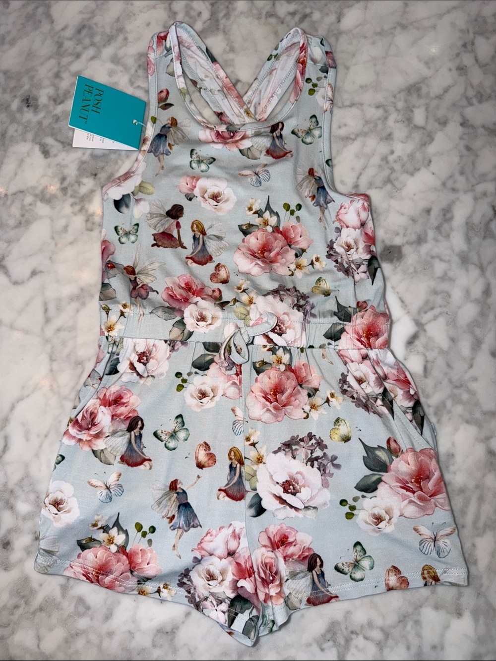 NWT POSH PEANUT Floral Fairy Romper - Pink Floral on Light Blue 3/4T